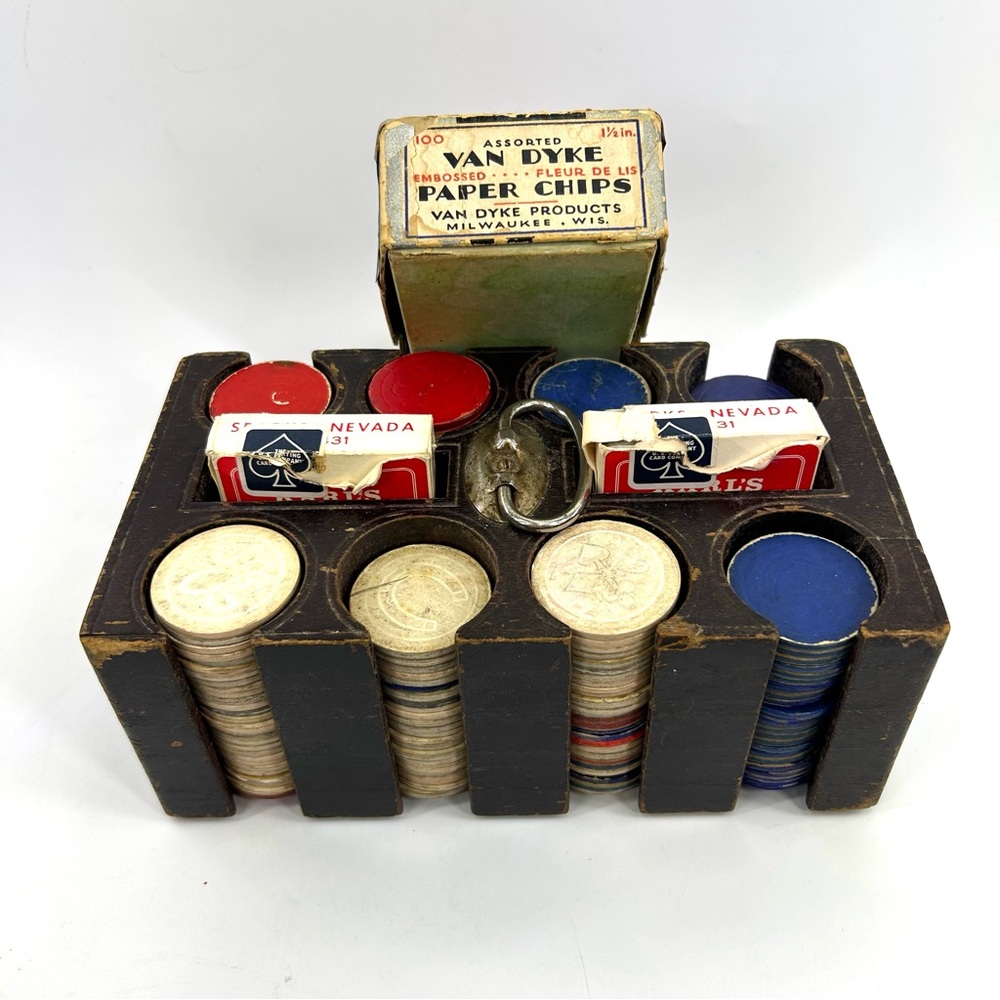 Vintage Poker Chip Set with Van Dyke Paper Chips Box